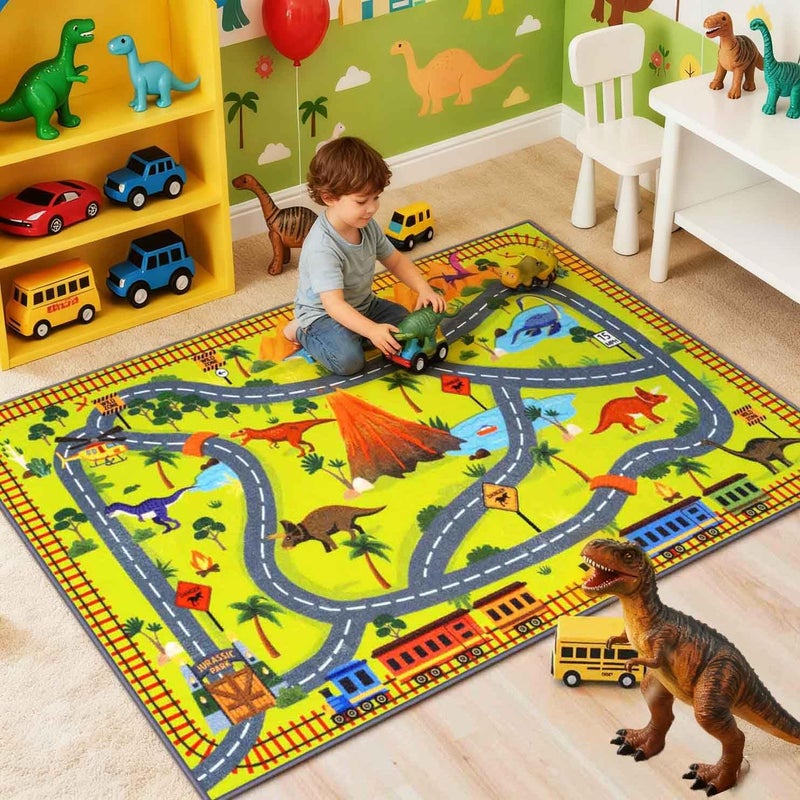 LIVEBOX Jurassic Park Kids Rug with Road Tracks - Dinosaur Themed Play Mat for Toy Cars, Non-Slip and Machine Washable Carpet for Playroom (3x5 FT) - Image 1